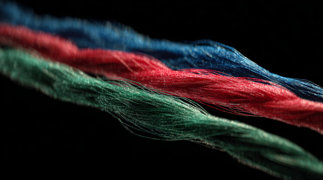 Three ultra-thin strand composed of vibrant red, blue, and green fibres, isolated against a deep black background. Shot in extreme perspective.