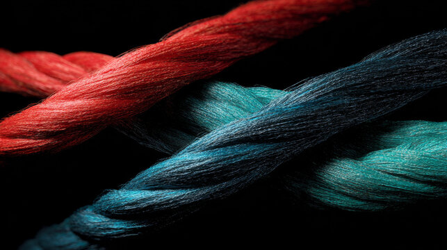 Three ultra-thin strand composed of vibrant red, blue, and green fibres, isolated against a deep black background. Shot in extreme perspective.