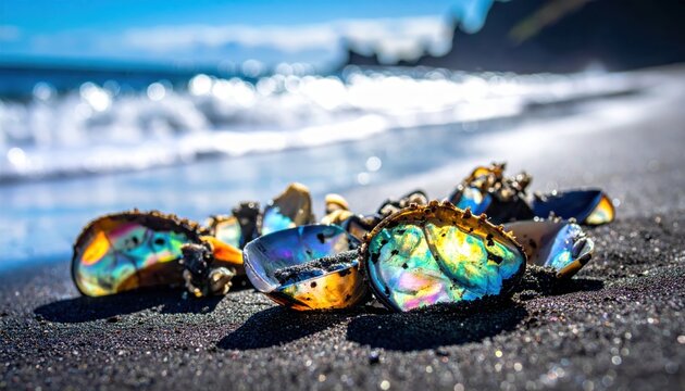 Vibrant iridescent abalone shell fragments scattered on a dark sandy beach shore with ocean waves in the background