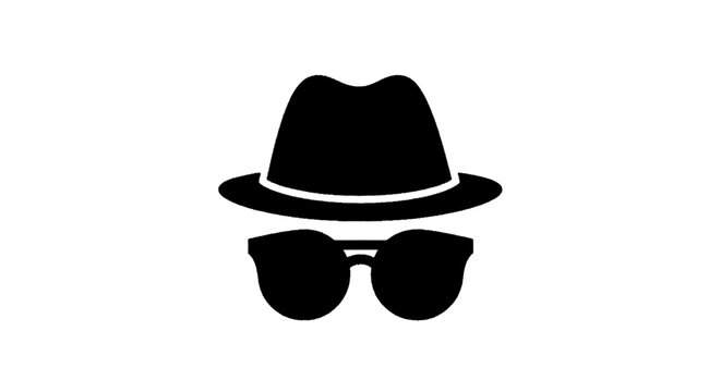 Minimal black silhouette icon, simple flat vector, bold black shape, no, no shading silhouette of a person wearing a hat and sunglasses on a, flat icon style