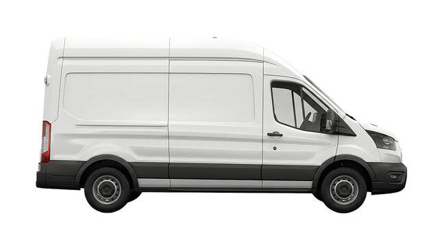 Profile view of modern white cargo van on transparent background, ideal for delivery services and business transport, spacious interior for goods, reliable transportation.