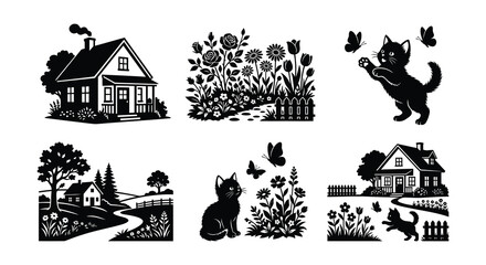 Fototapeta premium Houses Cats And Butterflies Vector Illustration With White Background