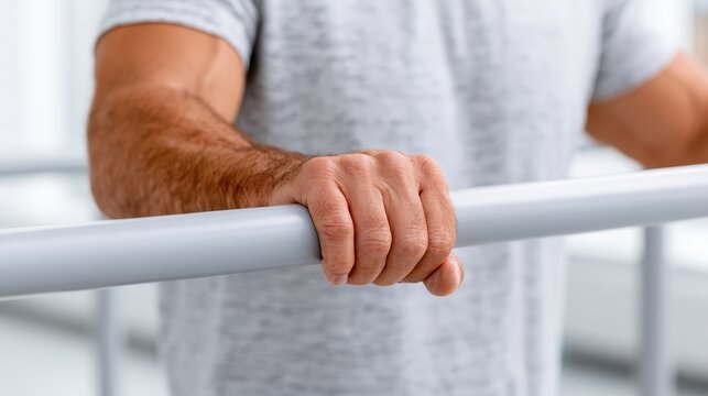 A hand holds a rehabilitation parallel bar, showing effort and focus during a therapy session in a calm area