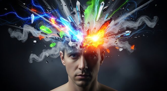 Abstract concept of human mind and creative explosion with colorful energy burst