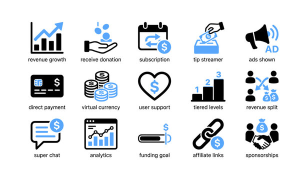 Monetization icons showing revenue payments and support options