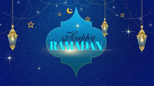 Elegant Ramadan Kareem greeting card design, Happy Ramadan with 3D gold lanterns and glowing stars