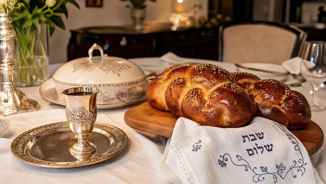 A Shabbat table set with a white linen cloth, silver cup, and braided challah bread, warm ambient light.