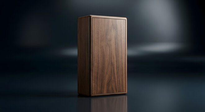 Premium Rectangular Wooden Box Mockup on Dark Reflective Surface