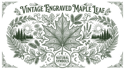 Vintage engraved maple leaf with forest landscape and ornate border © tira