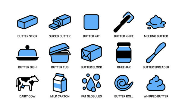 Butter forms utensils and dairy icons in grid layout