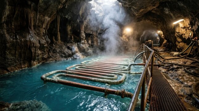 Steaming geothermal hot spring flowing through a rocky cave with industrial piping