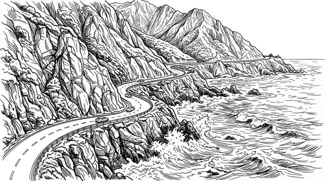 Winding coastal highway along steep mountain cliffs by the ocean