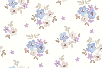 Obraz premium Seamless floral pattern, liberty ditsy print in rustic motif. Cute romantic botanical design of hand drawn watercolor flora, small flowers, tiny leaves, simple bouquets on white. Vector illustration.