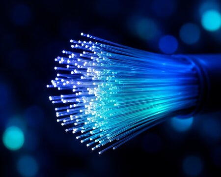 Glowing Fiber Optic Cables with Blue Technology Background
