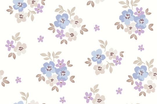 Seamless floral pattern, liberty ditsy print in rustic motif. Cute romantic botanical design of hand drawn watercolor flora, small flowers, tiny leaves, simple bouquets on white. Vector illustration.