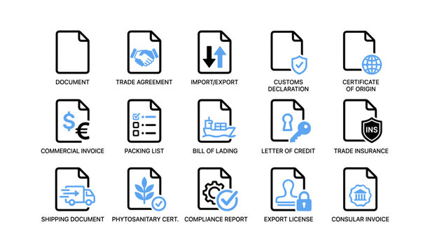 Trade document icons showing export and customs on white background