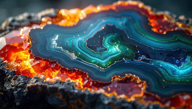 Vibrant Polished Agate Geode With Layers of Blue Green and Orange Crystals