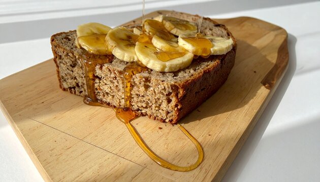 A slice of multigrain bread topped with bananas and dripping honey embodies nourishment, sweetness, and harmony; a simple composition radiating comfort, vitality, and natural delight.