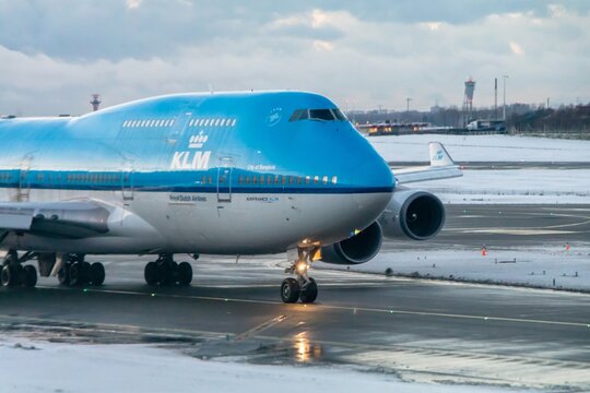 KLM Boeing 747 nose view during winter at Schiphol