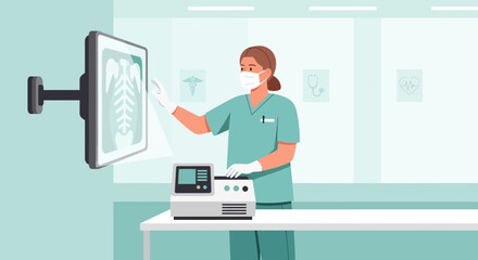 Naklejka premium Medical professional wearing mask and gloves examining X-ray scan in clinic