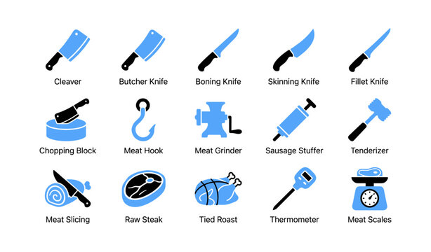 Butchery tools and meat icons showing knives and equipment