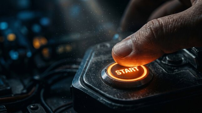 Industrial Finger Pressing Glowing Start Button on Control Panel