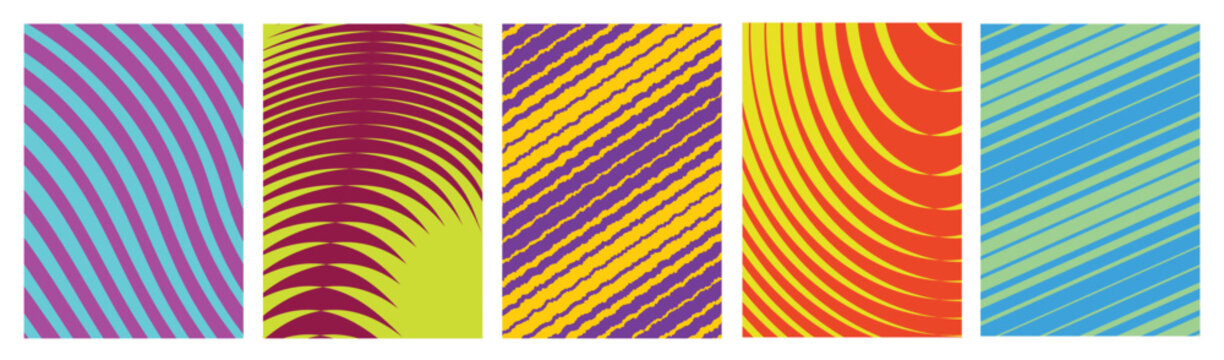 halftone grid and optical illusion patterns Abstract geometric vector poster set. Artwork with Dynamic Wave, Shape distortion and linear gradients with transition effect.