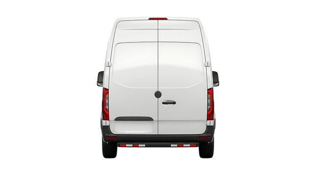 Rear view of white delivery van parked against transparent background for transportation mockup.