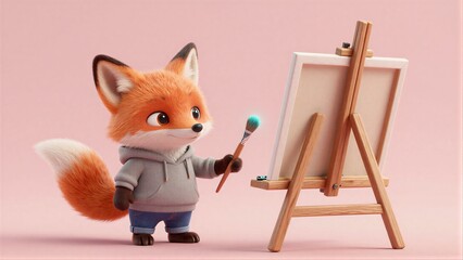 Obraz premium Adorable fox artist holds brush, ready to paint on easel against soft pink backdrop.