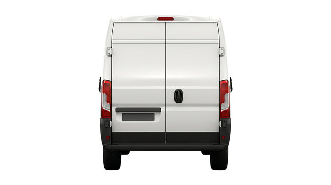 Rear view of white cargo van parked on transparent background for delivery service transportation vehicle commercial transport logistics shipping truck moving van.