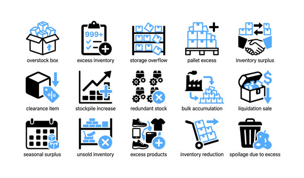 Inventory surplus and excess stock icons showing overstock scenarios