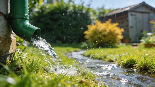 Rainwater flowing from residential downspout onto lush garden grass during rainfall, showcasing drainage, sustainability, natural irrigation, weather conditions, and healthy landscape growth.