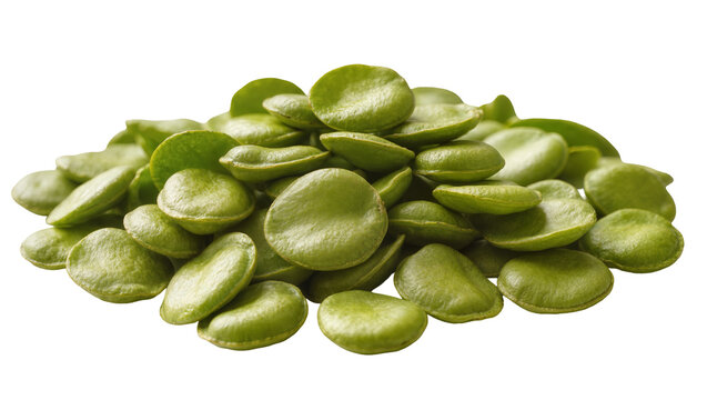 Isolated fresh green broad bean seeds pile, healthy organic shelled fava beans closeup view
