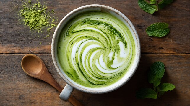 A cup of matcha latte on a wooden table with mint leaves and powder
