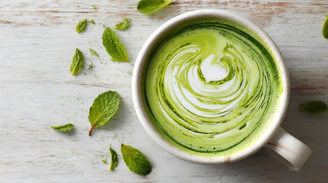 A cup of matcha latte with swirly design on a rustic wooden table