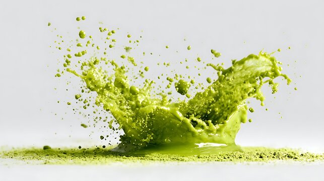 Green liquid splashing on a white surface with droplets flying everywhere