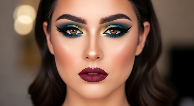 Dramatic green and gold eye makeup look with deep plum lipstick on woman face
