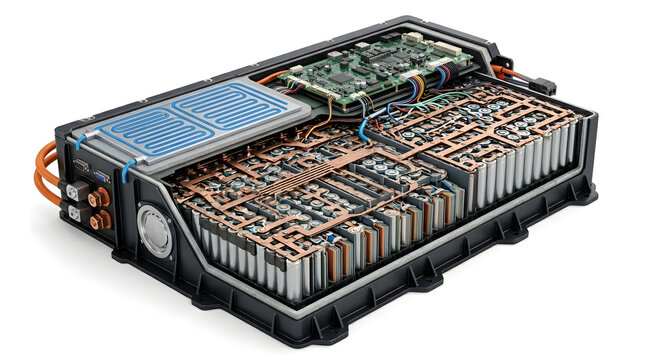 High Detail Electric Vehicle Battery Pack Cutaway Rendering with Cooling Plate and Modular Cell Layout