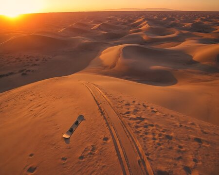 Aerial POV over remote dune field with sandboard near descent tracks, warm sunset, no human