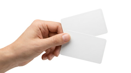 Obraz premium Human hand holding two blank white plastic cards, showing them to viewer, concept of identity or access cards, mock up with copy space, isolated on transparent background.
