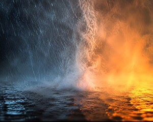 Obraz premium Heavy rain wall collides with glowing heat haze, steam and motion captured, no human, pure visual