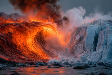 Fototapeta premium Burning Lava Wave Crashes Into Frozen Glacier Blocks With Rising Cinematic Vapor Natural Power Scene