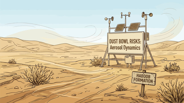 Weather monitoring station in desert landscape assessing dust bowl risks aerosol dynamics