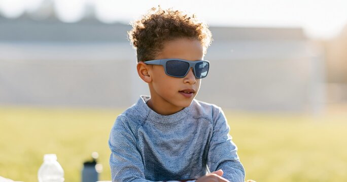 Young boy wearing sunglasses outdoors
