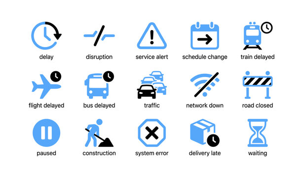 Service disruption and transport icons grid on white background