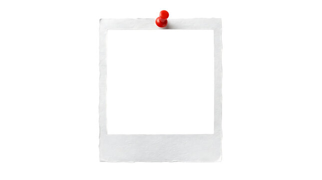 Torn edge Polaroid photo frame with red pin, vintage paper texture, blank space for custom design, isolated on transparent background.