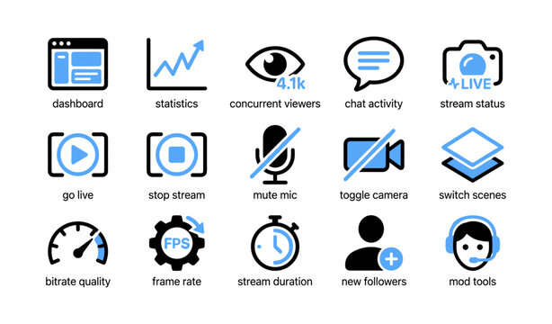 Streaming control icons for live broadcast dashboard interface