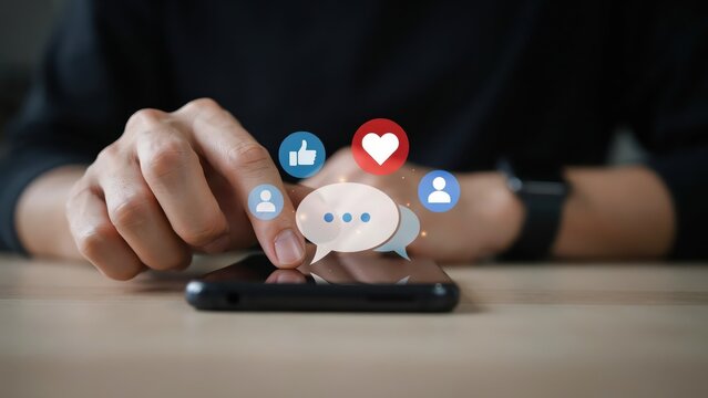 Person using a smartphone with floating social media icons and chat bubble symbols