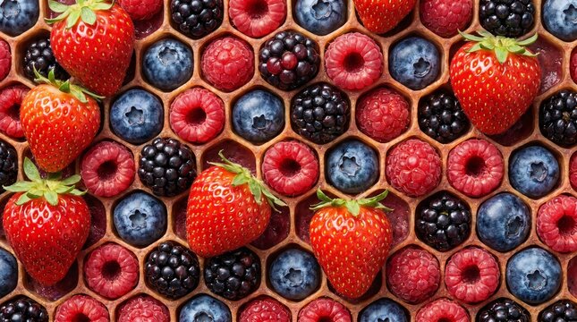 Mixed fresh berries arranged in a hexagonal honeycomb pattern