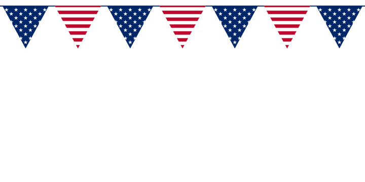 USA flag pennants straight bunting border for patriotic American holidays isolated on transparent background. Copy space. PNG. Vector
